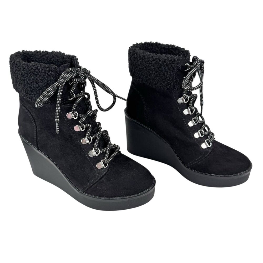 Esprit Roxy Womens Suede Wedge Faux Fur Ankle Bootie 7M Black Lace Up Cozy